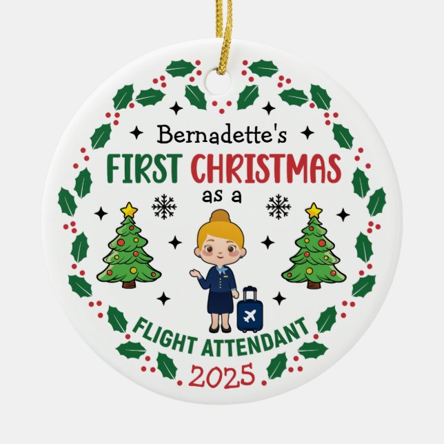 Flight Attendant First Christmas Personalised Ceramic Tree Decoration (Front)