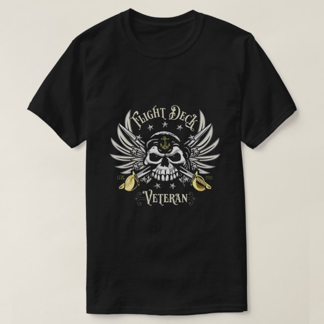 Flight Deck Veteran Skull Naval Aviation Design T-Shirt (Design Front)