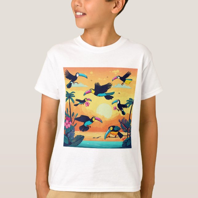 Flight of Fancy: Cartoon Toucans Soar T-Shirt (Front)