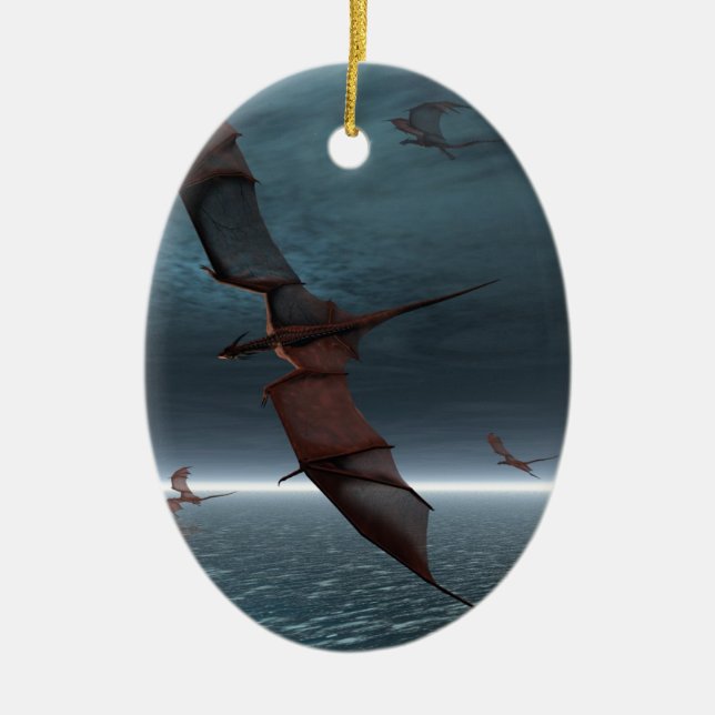 Flight of Red Dragons over the Sea Ceramic Tree Decoration (Front)