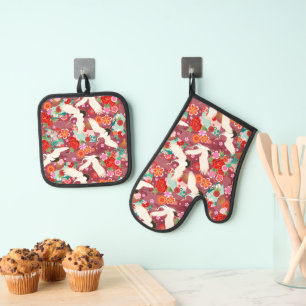 Flight of the Cranes Red Oven Mitt & Pot Holder Set