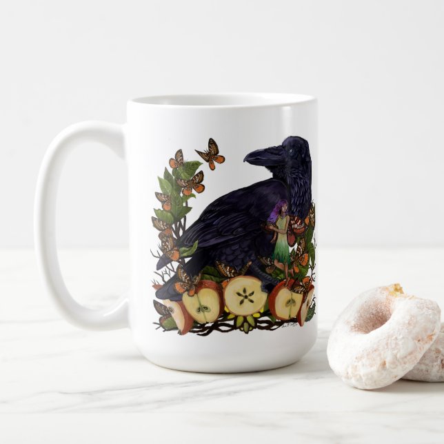 Flights of Fantasy Raven Faery Art Coffee Mug (With Donut)