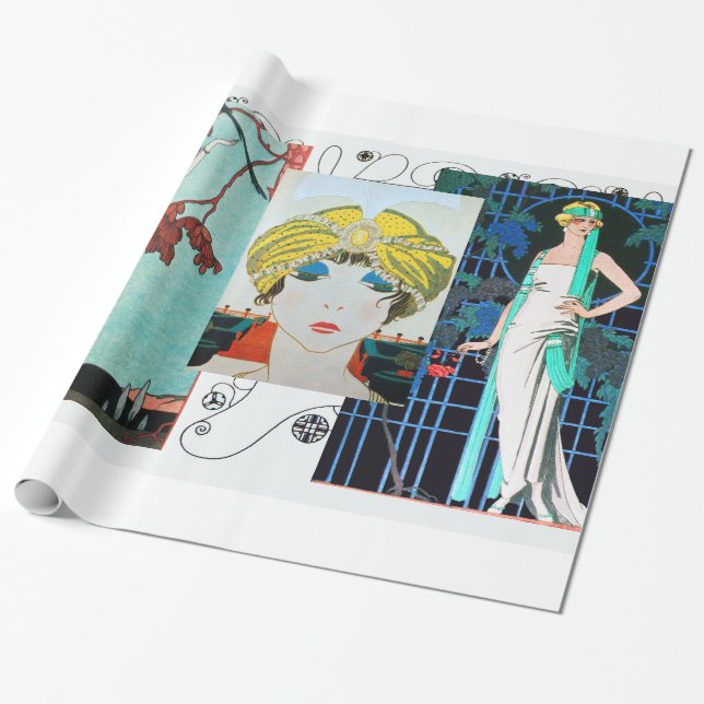 FLIGHTY BIRD / NIGHT ROSE ART DECO BEAUTY FASHION WRAPPING PAPER (Unrolled)