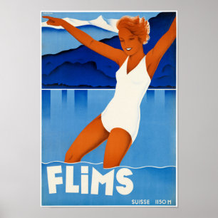 Flims Switzerland Vintage Travel Poster Restored