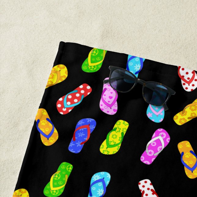 Flip Flop Pattern Black Beach Towel (In Situ)