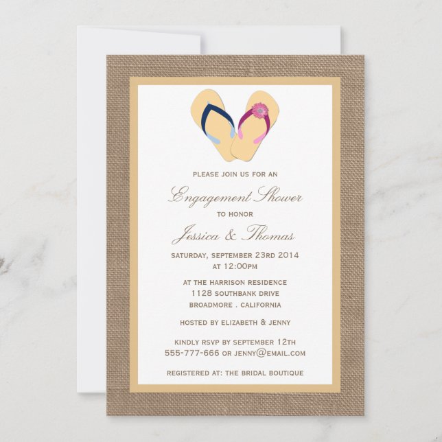 Flip-Flop Sandy Beach On Burlap Engagement Shower Invitation (Front)