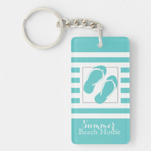Flip Flops Aqua Stripe Beach House Key Ring