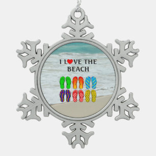 Flip-Flops Beach Love, colourful design, Snowflake Pewter Christmas Ornament