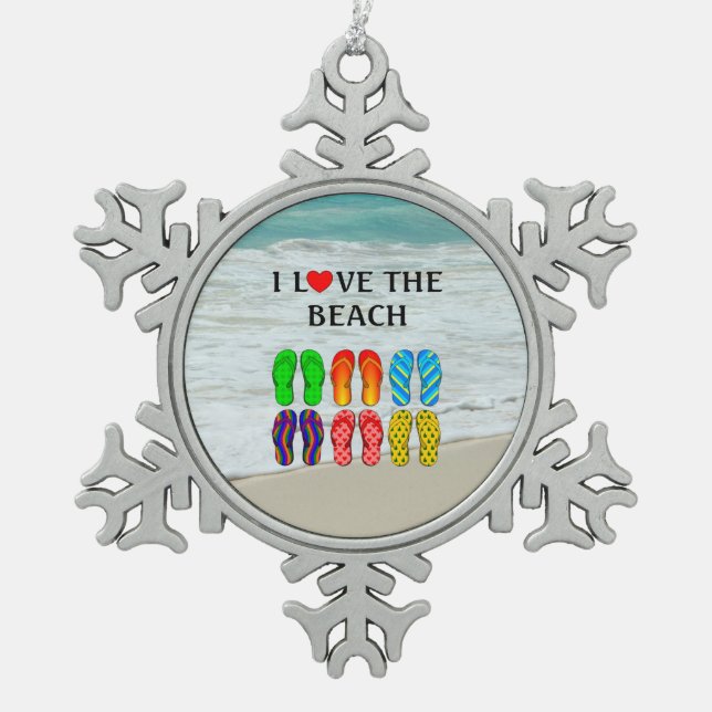 Flip-Flops Beach Love, colourful design, Snowflake Pewter Christmas Ornament (Front)