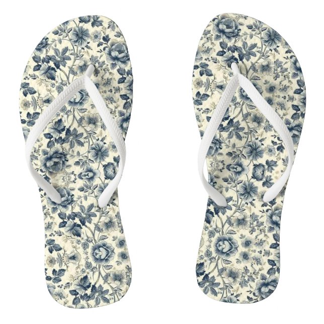 Flip Flops Floral Victorian Blue & Beige Flowers  (Footbed)