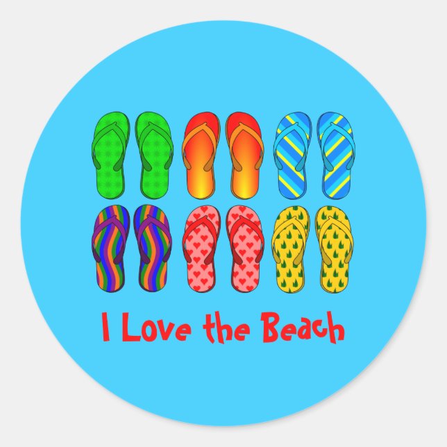 Flip Flops, I Love the Beach Classic Round Sticker (Front)
