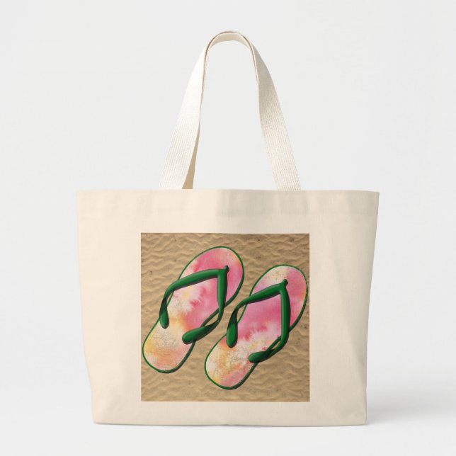 Flip Flops in pink and green Large Tote Bag (Front)