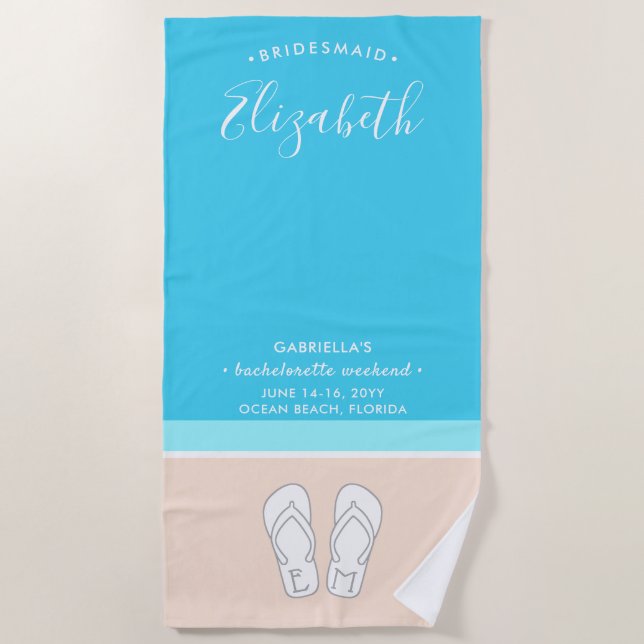 Flip Flops on Beach Cute Monogrammed Bridesmaid Towel (Front)