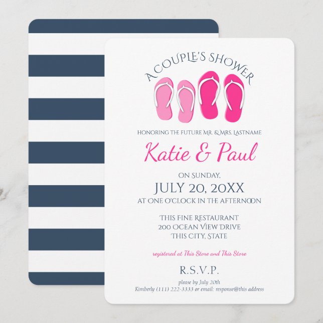 Flip Flops Pink and Navy Blue Couple's Shower Invitation (Front/Back)