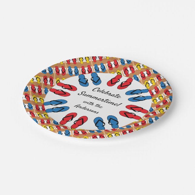 Flip Flops Primary Stripe Summer Party Personalise Paper Plate (Angled)