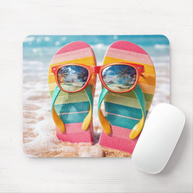 Flip-flops Stuck In Beach Sand With Sunglasses Mouse Mat (With Mouse)