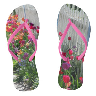 flip flops tulips garden white picket fence photo