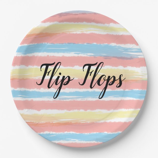 Flip Flops Typography Yellow Pink Blue Stripes Paper Plate (Front)