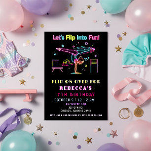 Flip On Over Fun Neon Glow Gymnastic Birthday Invitation