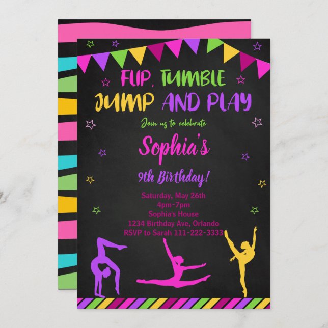 Flip Tumble Jump Gymnastic Black Birthday Invite (Front/Back)