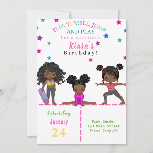 Flip, Tumble, Jump & Play Diverse Bday Invitation (Front)