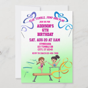 Flip, Tumble, Jump, Play Gymnastic Birthday Invitation