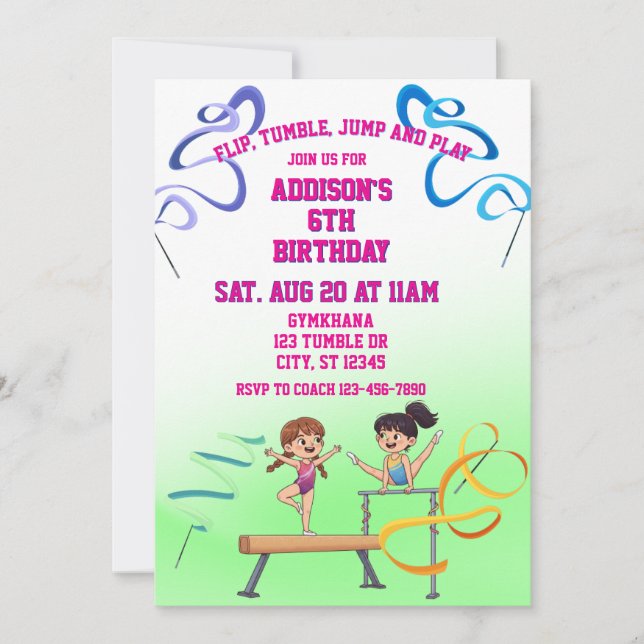 Flip, Tumble, Jump, Play Gymnastic Birthday Invitation (Front)