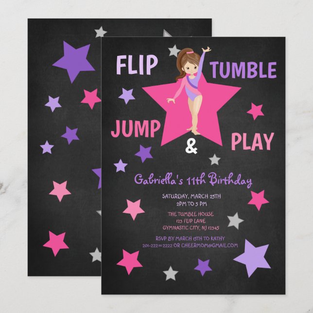 Flip, Tumble, Jump, & Play Gymnastics Birthday Invitation (Front/Back)