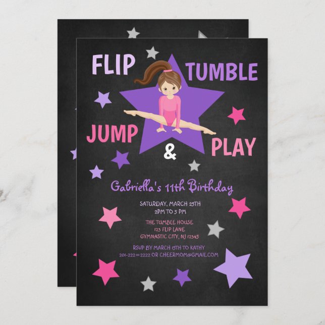 Flip, Tumble, Jump, & Play Gymnastics Birthday Invitation (Front/Back)