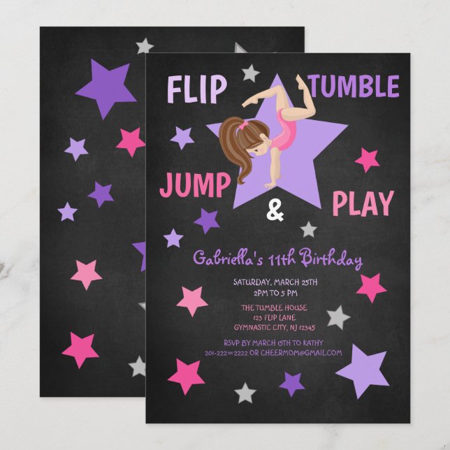 Flip, Tumble, Jump, & Play Gymnastics Birthday Invitation (Front/Back)