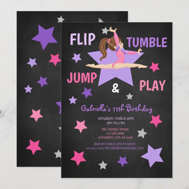 Flip, Tumble, Jump, & Play Gymnastics Birthday Invitation (Front/Back)