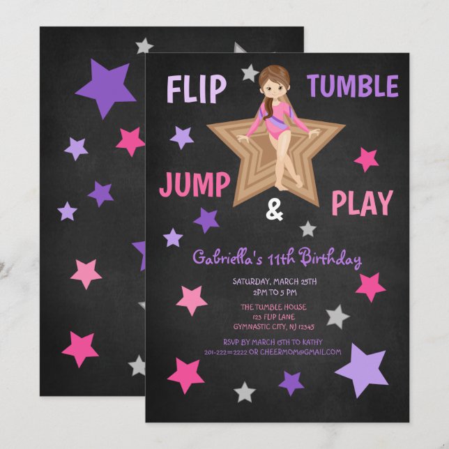 Flip, Tumble, Jump, & Play Gymnastics Birthday Invitation (Front/Back)