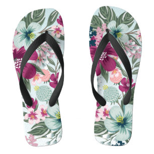 Flipflop Sandals Tropical Flowers on Blue Ombre
