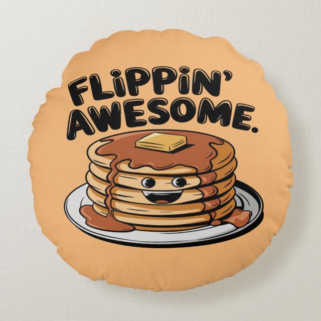 Flippin' Awesome Pancake Stack Funny Breakfast Round Cushion (Front)