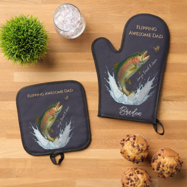 Flipping Awesome Dad Fly Fishing kids names Oven Mitt & Pot Holder Set (Top Down)