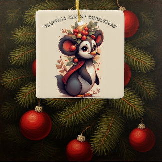 Flipping Flapping Merry Christmas Penguin Quirky  Ceramic Ornament