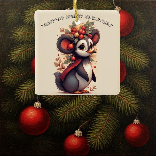 Flipping Flapping Merry Christmas Penguin Quirky  Ceramic Ornament (Flipping Flapping Merry Christmas Penguin Quirky Ceramic Ornament)