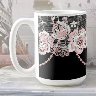 Flirty and Delicate Pink Rose Faux Lace and Pearls Coffee Mug