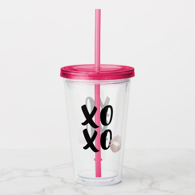 Flirty Black XOXO Script with Rose Gold Lips Kiss Acrylic Tumbler (Front)
