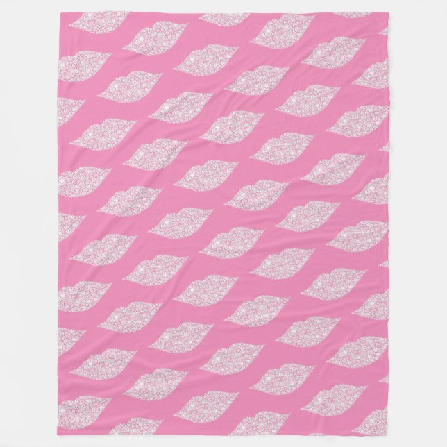 Flirty Pink White Diamond Lips Fleece Blanket (Front)