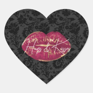 Flirty Red Lips Kiss Black Floral Heart Sticker