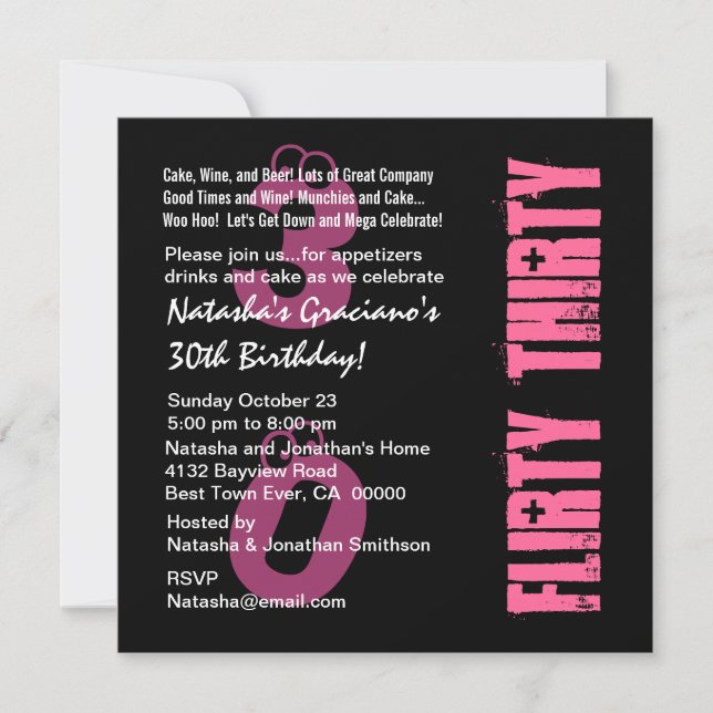 Flirty Thirty Birthday Black White PInk Template (Front)
