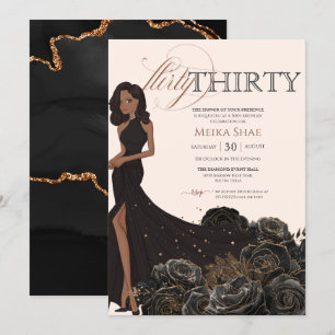Flirty Thirty Glam Black & Rose Gold 30th Birthday Invitation