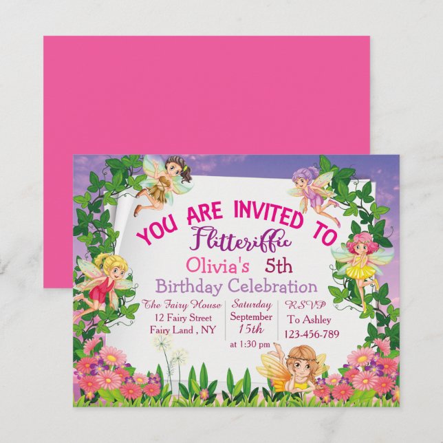 Flitteriffic Pink Magical Fairy Land Birthday Invitation (Front/Back)