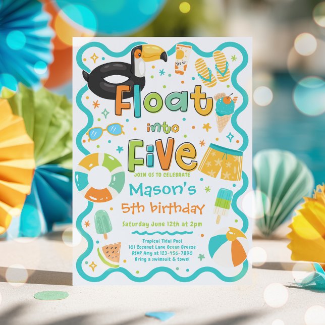 Float Into Five Summer Pool Party 5th Birthday Invitation (Creator Uploaded)