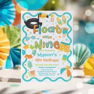 Float Into Nine Summer Pool Party 9th Birthday Invitation