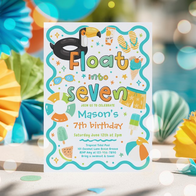 Float Into Seven Summer Pool Party 7th Birthday Invitation (Creator Uploaded)