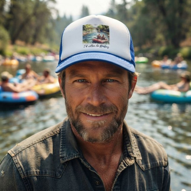 Float Trip Adventure Blue Trucker Hat ("Digital mockup created with generative AI)