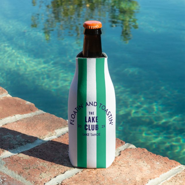 Floatin' And Toastin' The Lake Club Green Stripe Bottle Cooler (In Situ Pool)
