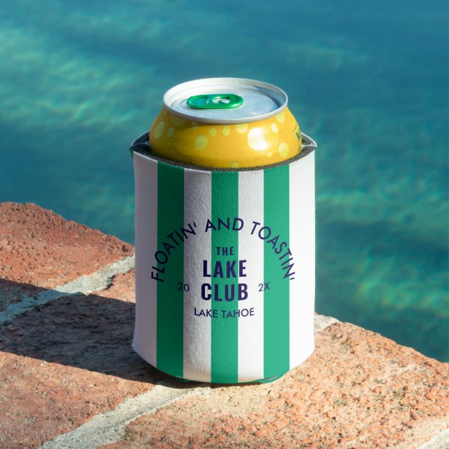 Floatin' And Toastin' The Lake Club Green Stripe Can Cooler (In Situ Pool)